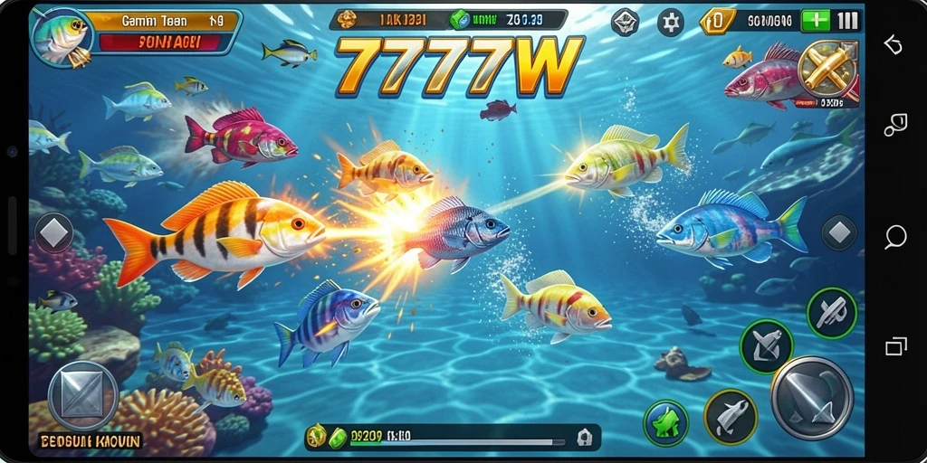 Tampilan dinamis gameplay Tembak Ikan 7777W yang seru.