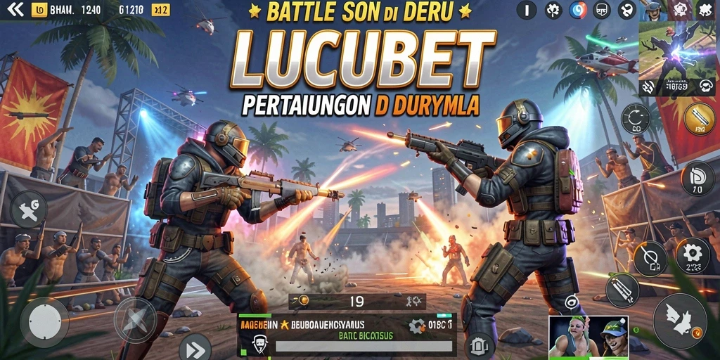 Screenshot utama LUCUBET menampilkan aksi mendebarkan di medan perang Battle Royale.