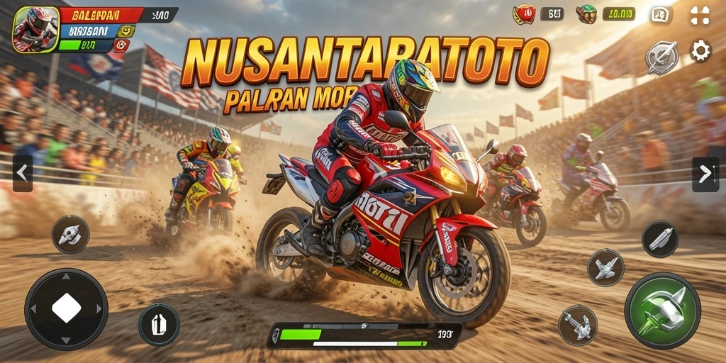 Tampilan gameplay NUSANTARATOTO saat balapan motor di trek menantang.